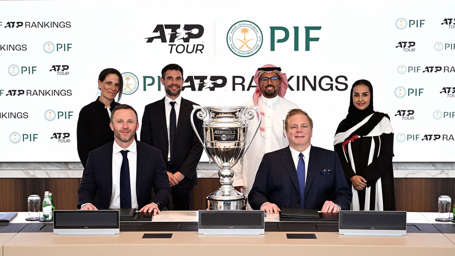 Representatives for the ATP and PIF pictured as they unveil the a new multi-year strategic partnership on February 28th, 2024 in Riyadh, Saudi Arabia.
