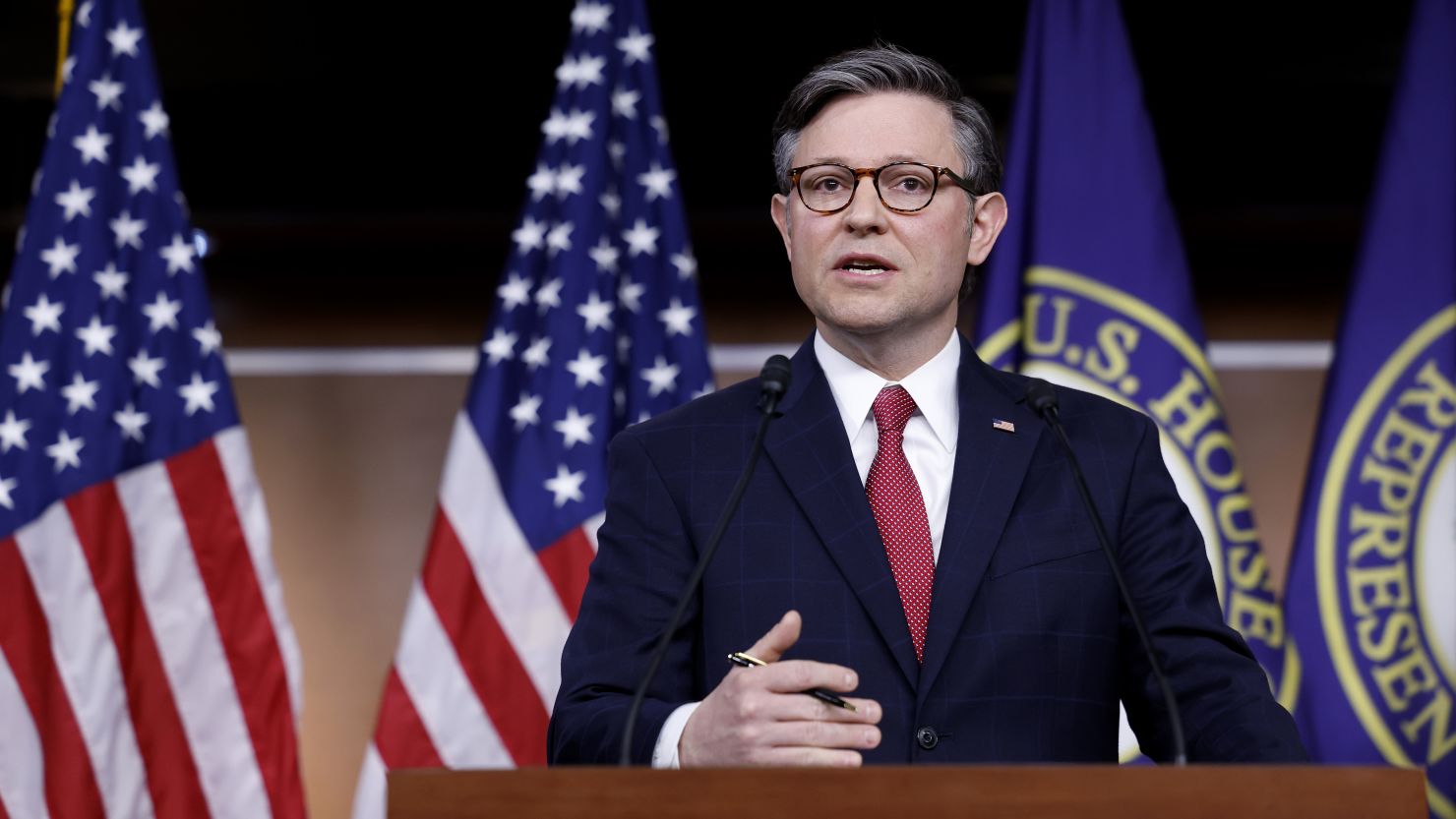 U.S. Speaker of the House Mike Johnson (R-LA) speaks during a news conference with House Republican leadership on February 29, 2024 in Washington, DC.