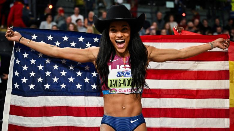 First-placed USA's Tara Davis-woodhall celebrates after winning in the Women's Long Jump final during the Indoor World Athletics Championships in Glasgow, Scotland, on March 3, 2024. (Photo by Ben Stansall / AFP) (Photo by BEN STANSALL/AFP via Getty Images)