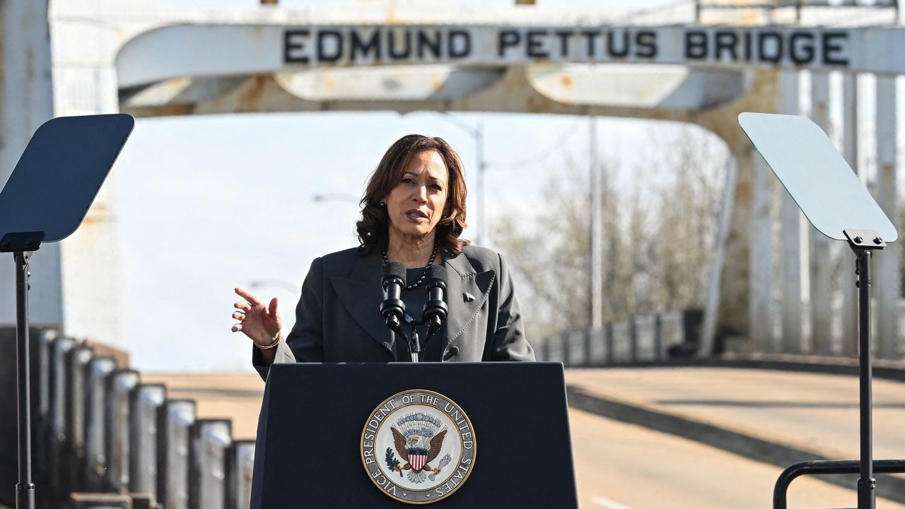 US Vice President Kamala Harris speaks at the Edmund Pettus Bridge during an event to commemorate the 59th anniversary of "Bloody Sunday" in Selma, Alabama, on March 3, 2024. On March 7, 1965, civil rights marchers crossed the Edmund Pettus Bridge and clashed with state police who used batons and tear gas to disperse the protesters. (Photo by SAUL LOEB / AFP) (Photo by SAUL LOEB/AFP via Getty Images)