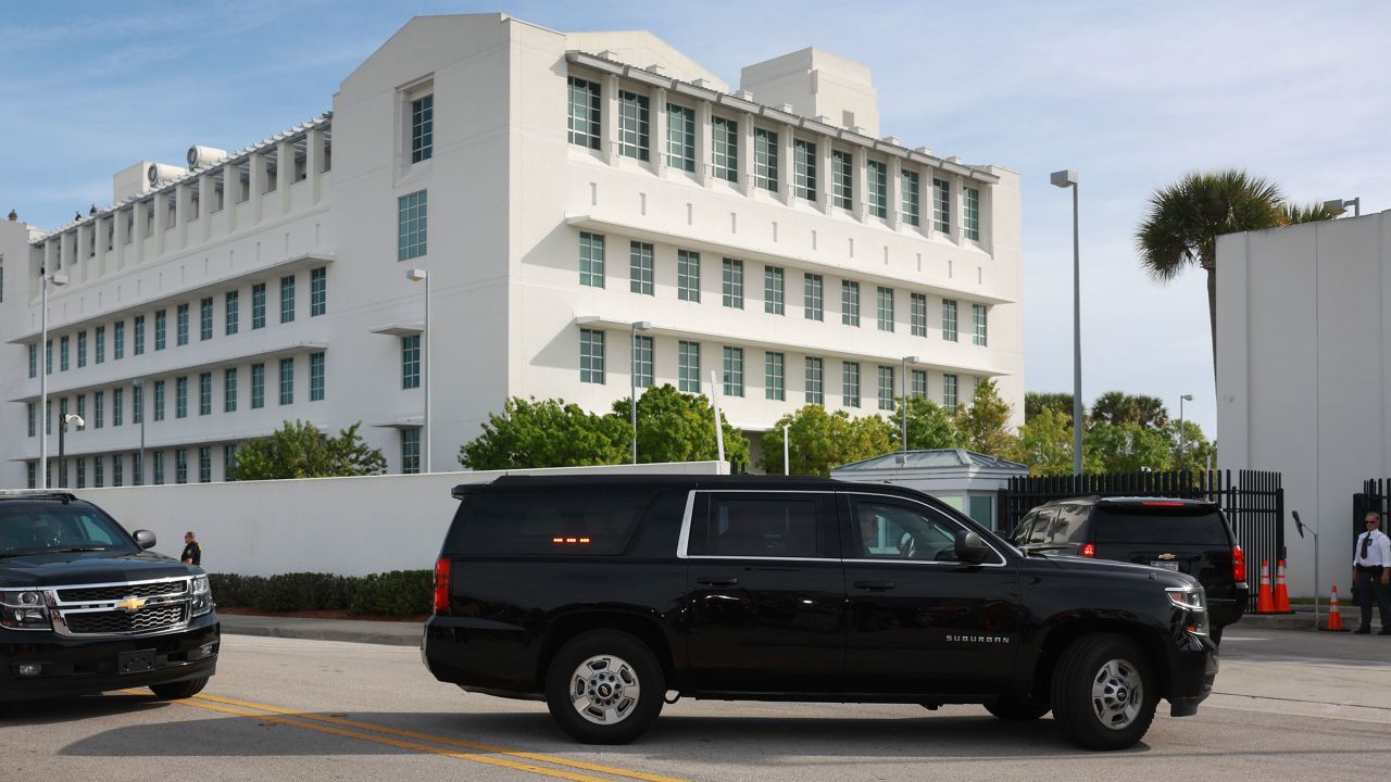 A vehicle carrying former President Donald Trump is driven to the Alto Lee Adams Sr. US Courthouse on March 1 in Fort Pierce, Florida.