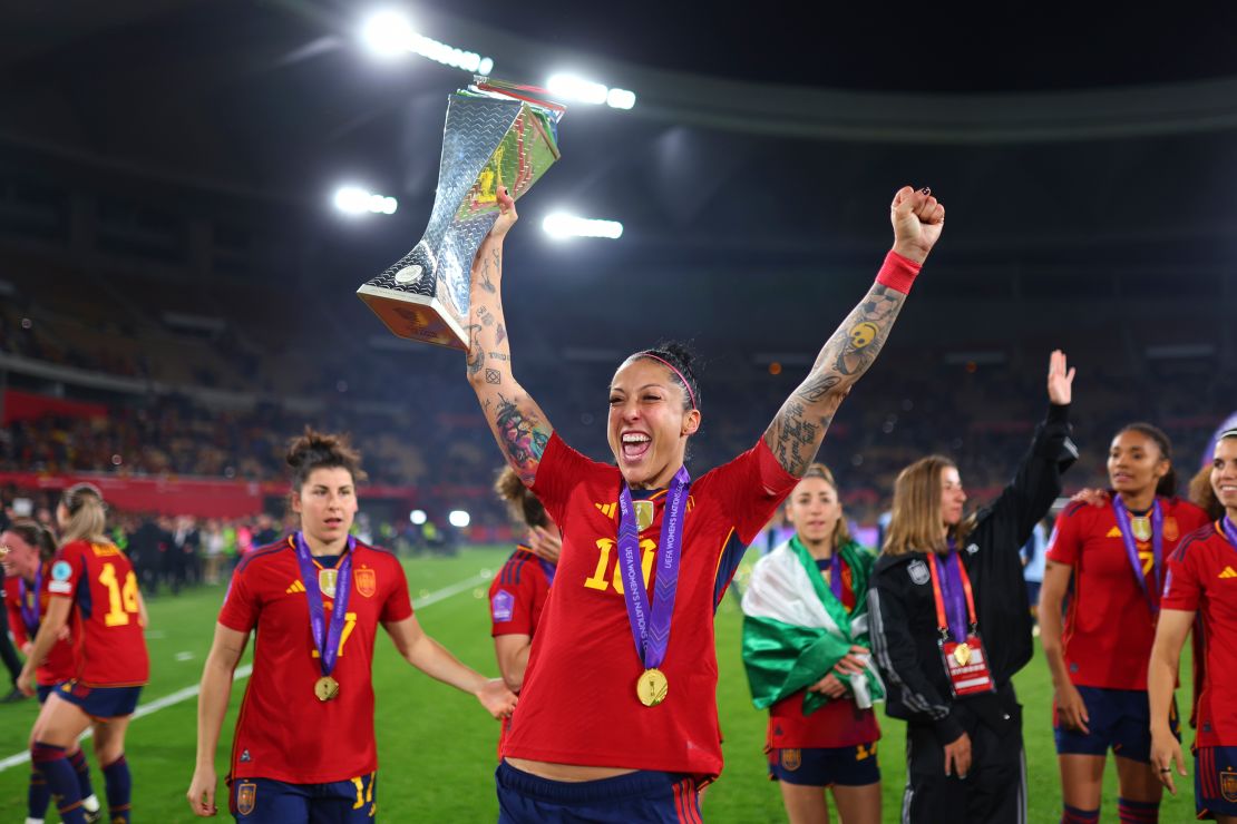Jenni Hermoso, highlighted in TIME by Mana Shim for her actions after the 2023 Women's World Cup, is pictured after winning the UEFA Women's Nations League earlier this year.