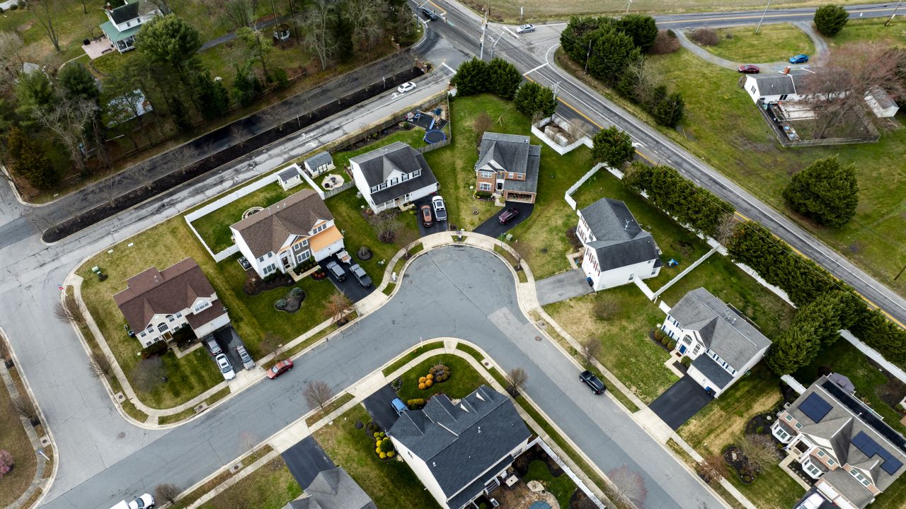 This aerial picture shows homes near the Chesapeake Bay in Centreville, Maryland, on March 4, 2024.