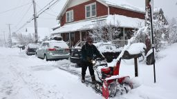 TRUCKEE, CALIFORNIA - MARCH 01: A resident uses a snowblower as snow falls north of Lake Tahoe in the Sierra Nevada mountains during a powerful winter storm on March 01, 2024 in Truckee, California. Blizzard warnings have been issued with snowfall of up to 12 feet and wind gusts over 100 mph expected in some higher elevation locations. (Photo by Mario Tama/Getty Images)