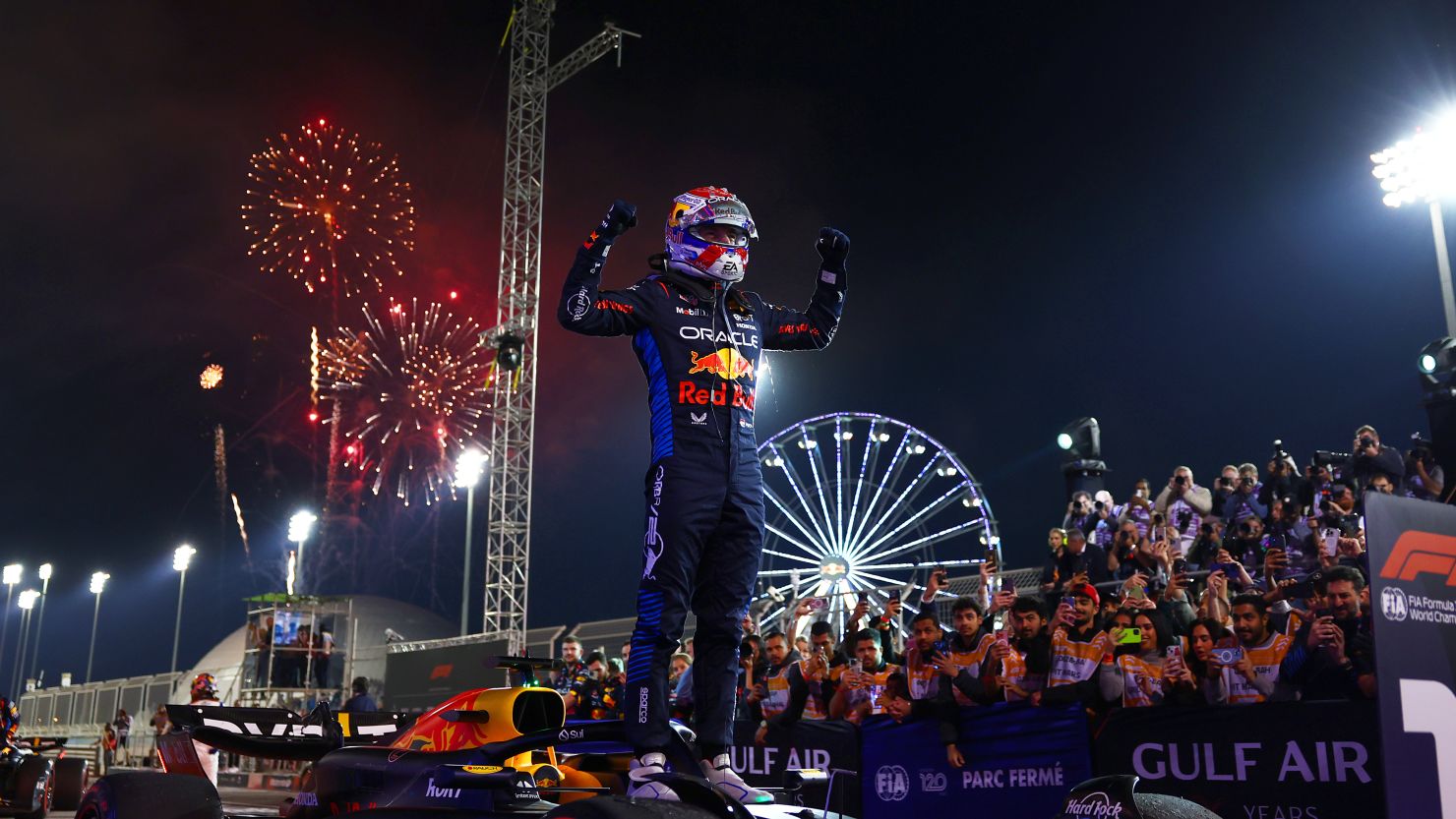 Max Verstappen celebrates winning the season-opening Bahrain Grand Prix.