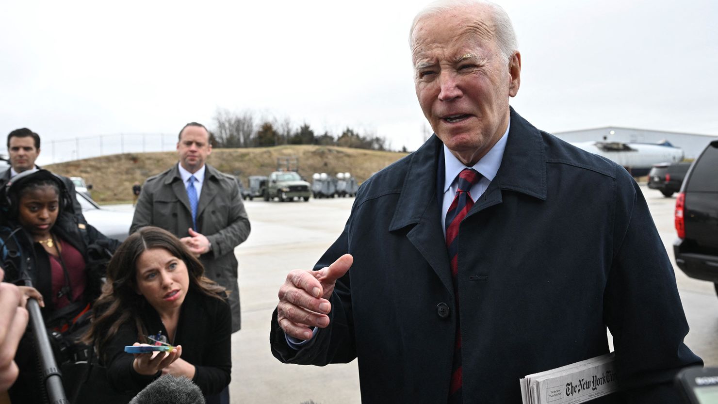 US President Joe Biden speaks to reporters before boarding Air Force One at Hagerstown Regional Airport in Hagerstown, Maryland, on March 5, 2024.