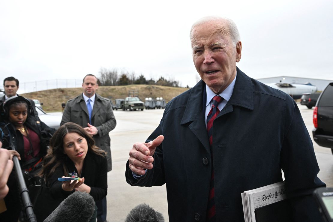 US President Joe Biden speaks to reporters before boarding Air Force One in Hagerstown, Maryland, March 5, 2024.