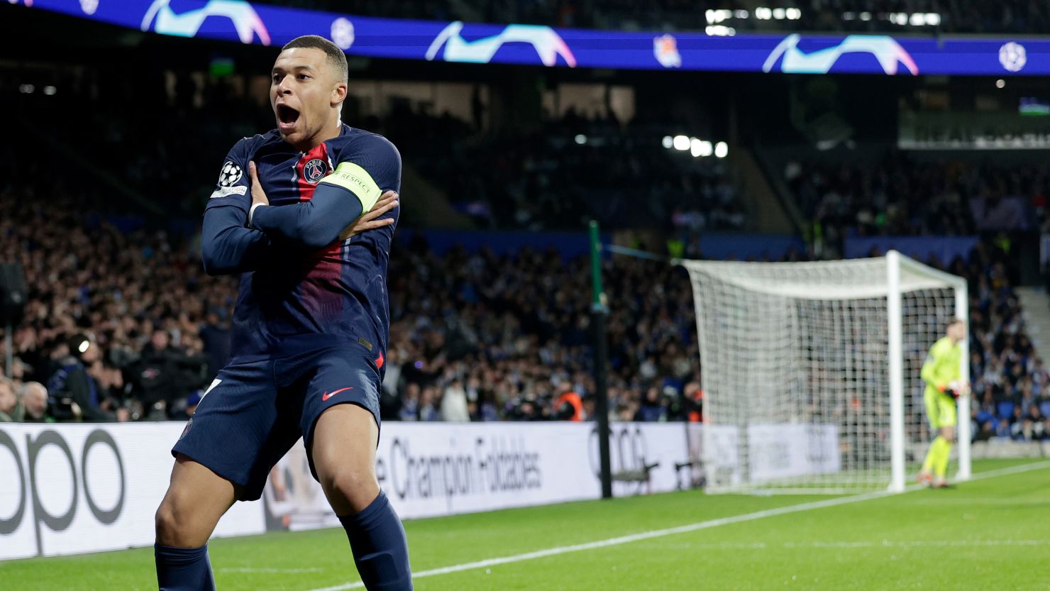 Kylian Mbappé celebrates PSG's first goal against Real Sociedad in the Champions League.