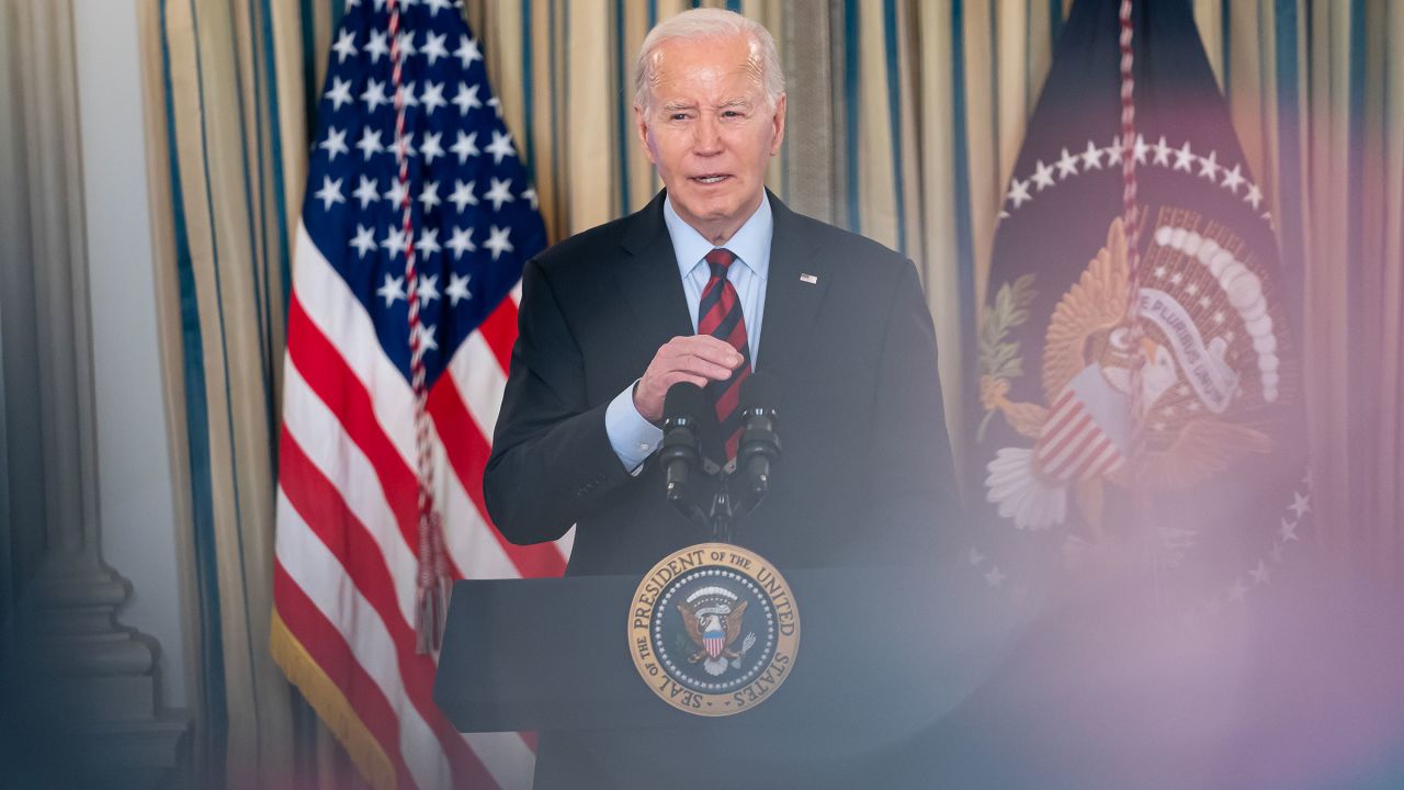 President Joe Biden speaks during a meeting with his Competition Council in the State Dining Room of the White House on March 5 in Washington, DC.