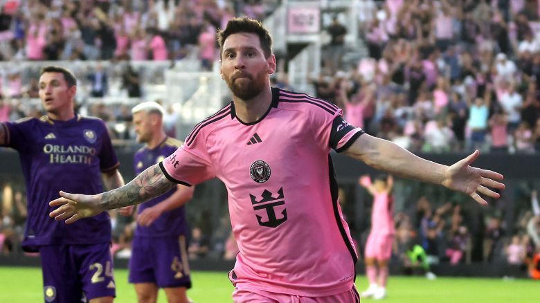 FORT LAUDERDALE, FLORIDA - MARCH 02: Lionel Messi #10 of Inter Miami CF celebrates after scoring his second goal during the second half against the Orlando City SC at Chase Stadium on March 02, 2024 in Fort Lauderdale, Florida. (Photo by Megan Briggs/Getty Images)
