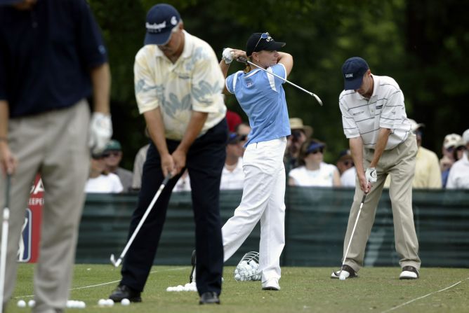 Sorenstam pictured here on the practice range before playing in a PGA tournament at the Colonial on May 22, 2003. She said the opportunity came about after a reporter had asked her if she'd ever compete against men, to which she said "I was like, well, why not, like sure I would love to do that. So it was very spontaneous."