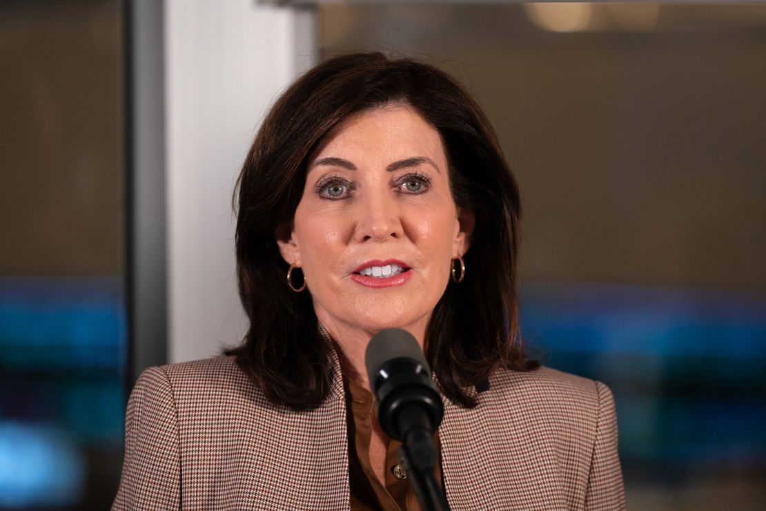New York Governor Kathy Hochul speaks during a press conference to announce new subway safety measures at NYCTA Rail Control Center on March 6, 2024 in New York City.