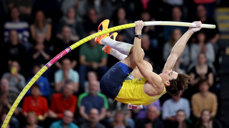 Armand Duplantis of Team Sweden competes in the Men's Pole Vault Final on Day Three of the World Athletics Indoor Championships Glasgow 2024 at Emirates Arena on March 03, 2024 in Glasgow, Scotland.