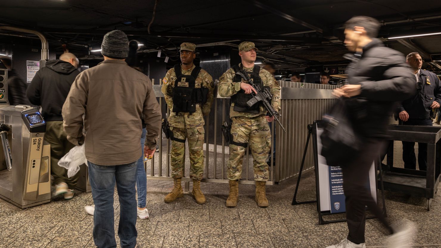 Members of the National Guard patrol the Grand Central-42 Street subway station in New York, US, on Wednesday, March 6, 2024.