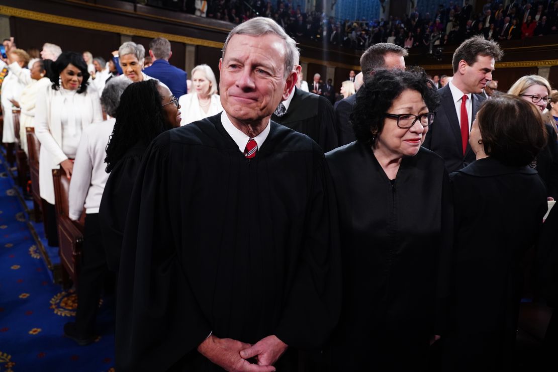Chief Justice John Roberts and Justice Sonia Sotomayor stand on the House floor ahead of the annual State of the Union address by President Joe Biden at the Capitol building on March 7, 2024, in Washington, DC.