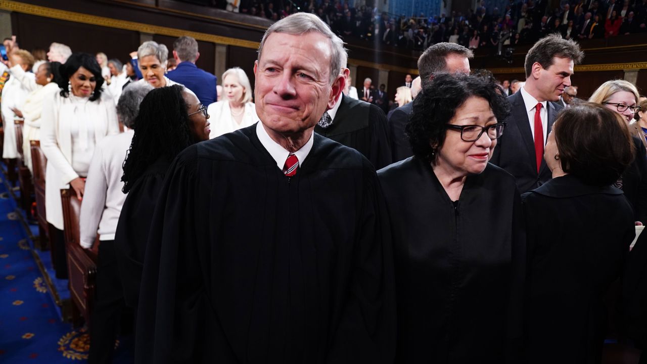 WASHINGTON, DC - MARCH 7:  U.S. Supreme Court Chief Justice John Roberts and Associate Justice Sonia Sotomayor stand on the House floor ahead of the annual State of the Union address by U.S. President Joe Biden before a joint session of Congress at the Capital building on March 7, 2024 in Washington, DC. This is Biden's final address before the November general election.  (Photo by Shawn Thew-Pool/Getty Images)