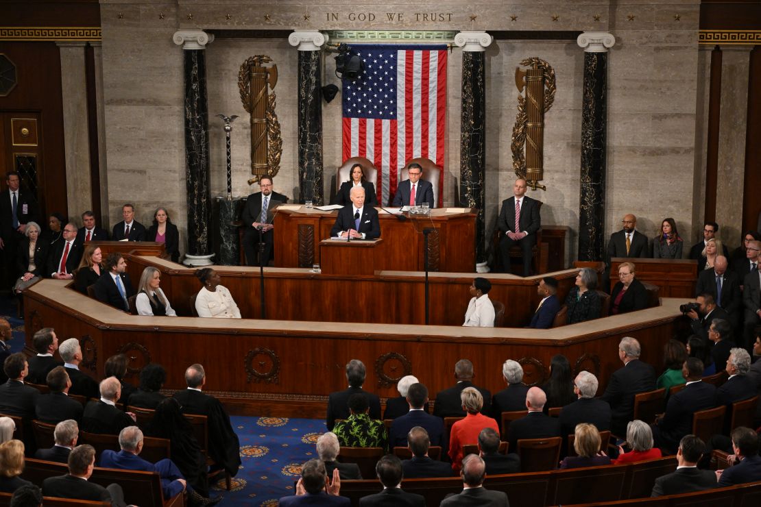 US President Joe Biden delivers the State of the Union address in the House Chamber of the US Capitol in Washington, DC, on March 7, 2024.