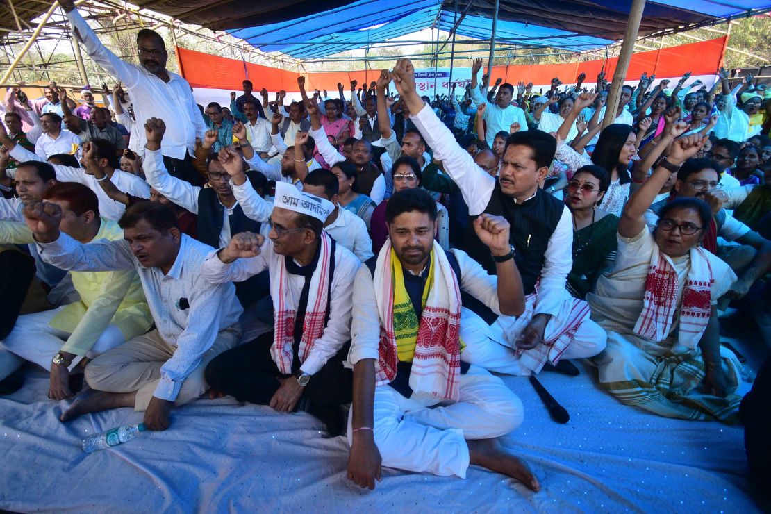 Members of the United Opposition Forum protest against the Citizenship (Amendment) Act in Nagaon District, Assam, India, on March 8, 2024.