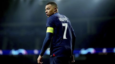Kylian Mbappé looks on during PSG's Champions League round of 16 second leg match agaomst Real Sociedad.