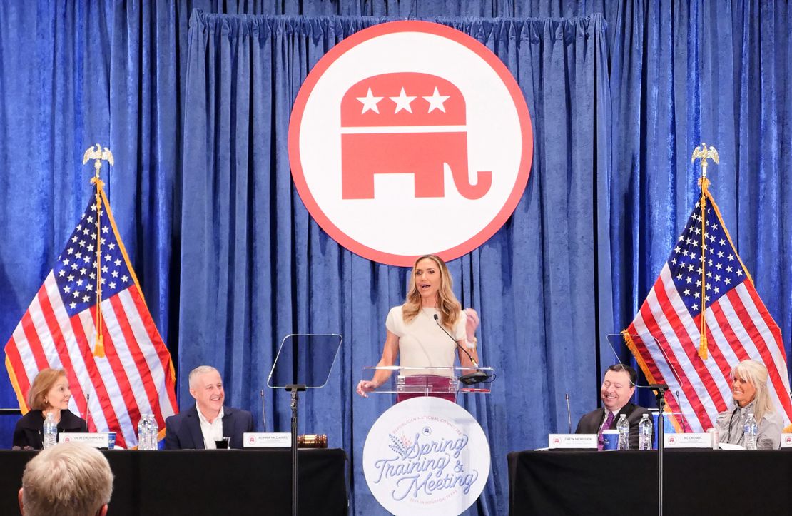 Lara Trump, daughter-in-law of former President Donald Trump, speaks at the Republican National Committee spring meeting on March 8, 2024, in Houston.