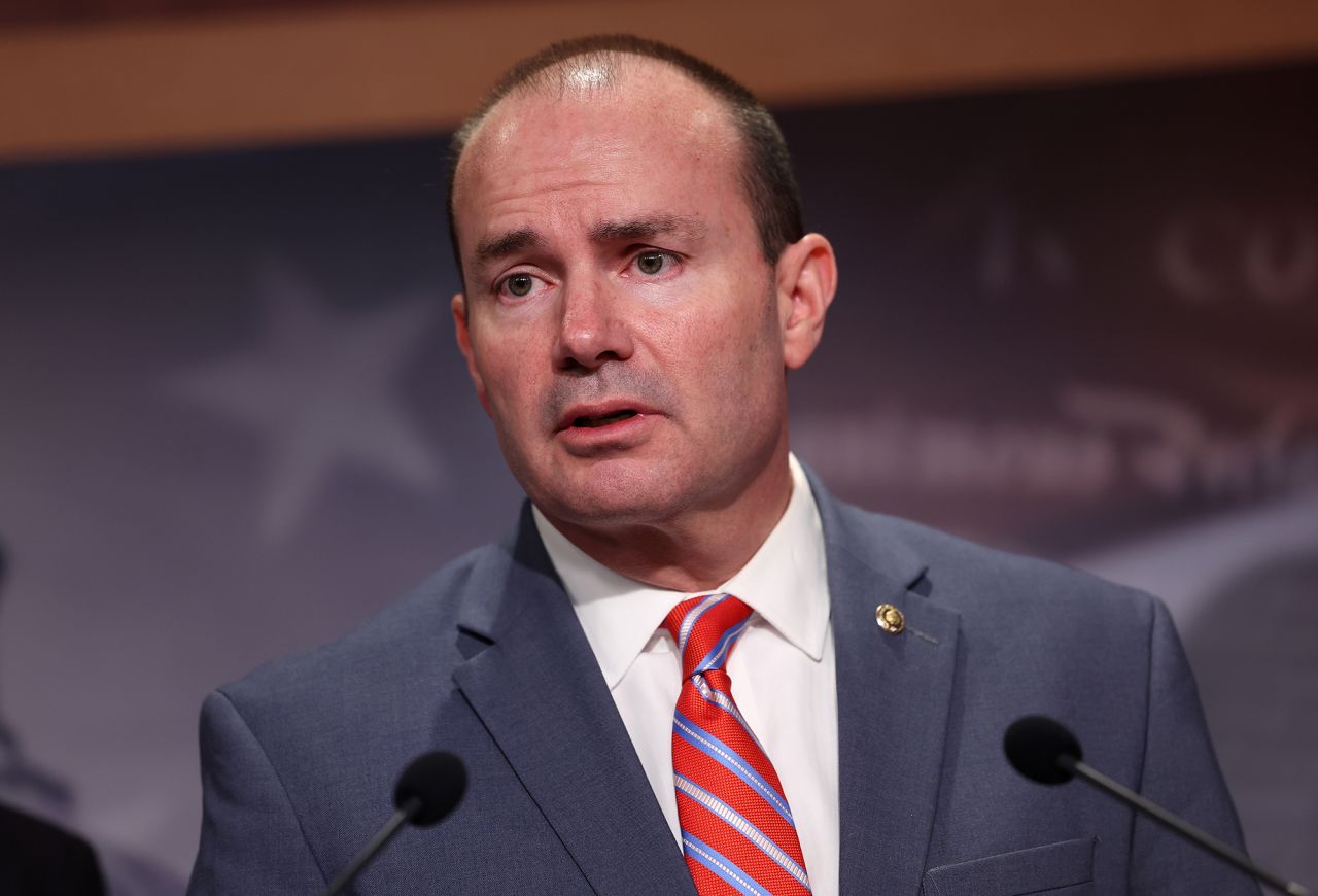 U.S. Senator Mike Lee  speaks on government funding during a press conference at the U.S. Capitol on March 6.