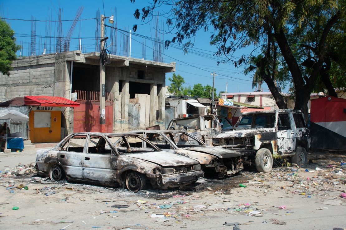 Charred vehicles remain as gang violence escalates in Port-au-Prince, Haiti, on March 9, 2024.