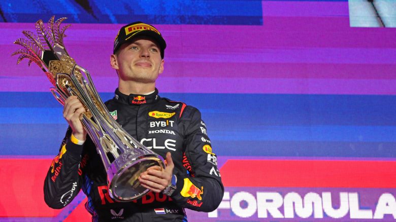 Red Bull Racing's Dutch driver Max Verstappen celebrates winning the Saudi Arabian Formula One Grand Prix during the podium ceremony at the Jeddah Corniche Circuit in Jeddah on March 9, 2024.