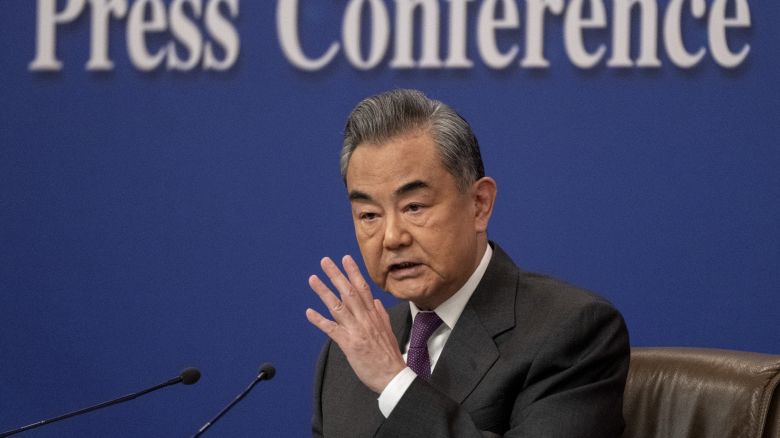 Chinese Foreign Minister Wang Yi speaks during a news conference on the sidelines of the National People's Congress on March 7, 2024 in Beijing.