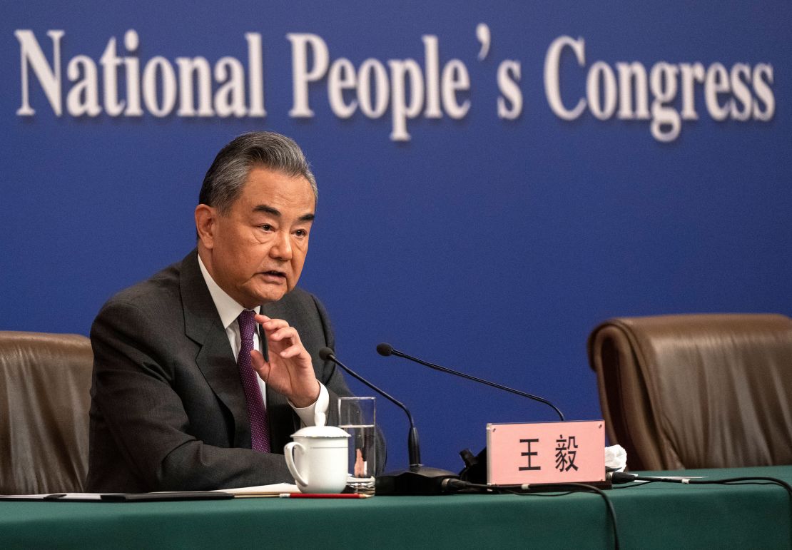 Chinese Foreign Minister Wang Yi speaks during a press conference for domestic and foreign journalists as part of the National People's Congress and Two Sessions on March 7, 2024 in Beijing.