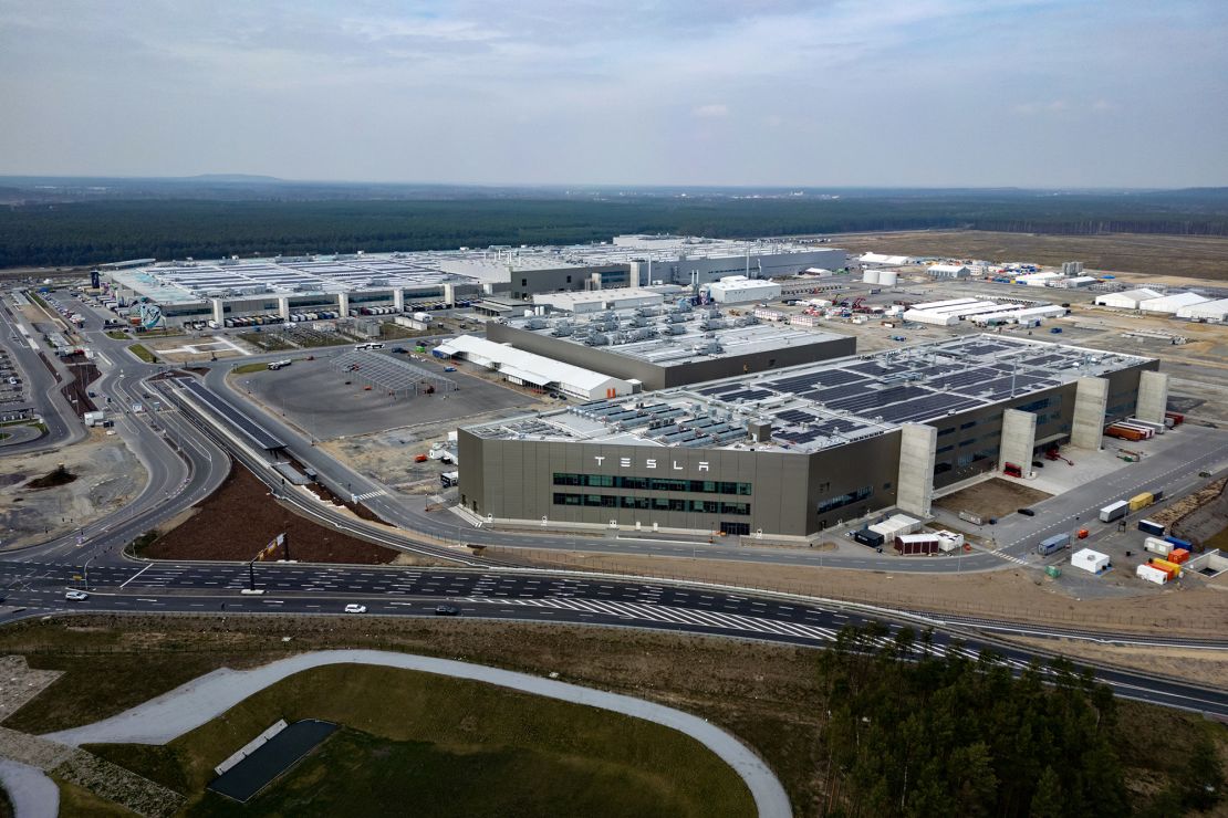 An aerial view of the Tesla car plant near Berlin on March 10, 2024.
