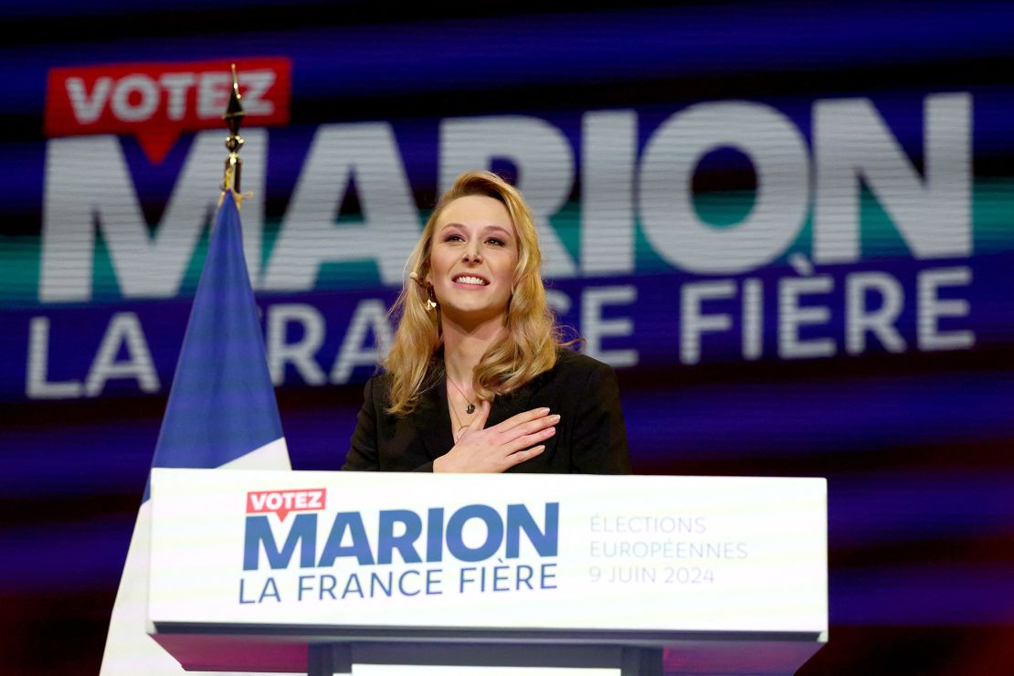 French far right party Reconquete!'s head of list for June's European Parliament elections Marion Marechal gestures as she addresses the party's campaign launch meeting at Le Dome de Paris - Palais des Sports arena in Paris on March 10, 2024.