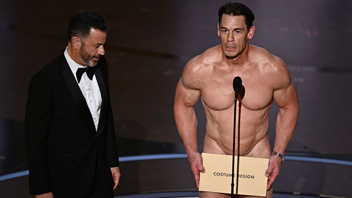 (From left) Jimmy Kimmel and John Cena at the 2024 Academy Awards in Hollywood on Sunday.