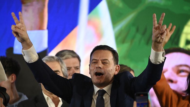 Democratic Alliance (AD) leader Luis Montenegro celebrates his victory as he addresses supporters at the party's election night headquarters, in Lisbon on March 10, 2024.