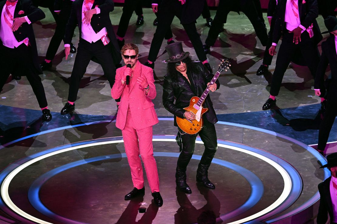 (From left) Ryan Gosling and Slash performing 'I'm Just Ken' from the 'Barbie' movie at the 2024 Oscars in Hollywood.