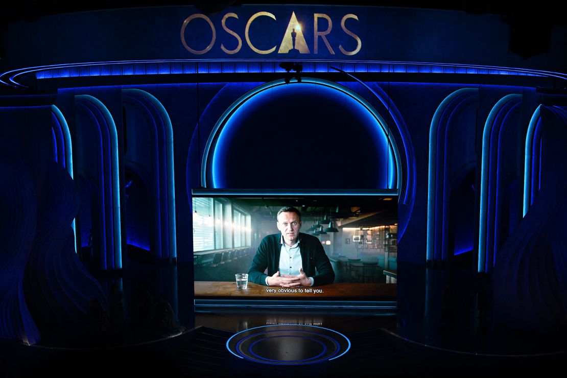 A clip of late Russian opposition leader Alexey Navalny is played onstage during the 96th Annual Academy Awards in Hollywood, California on March 10, 2024.