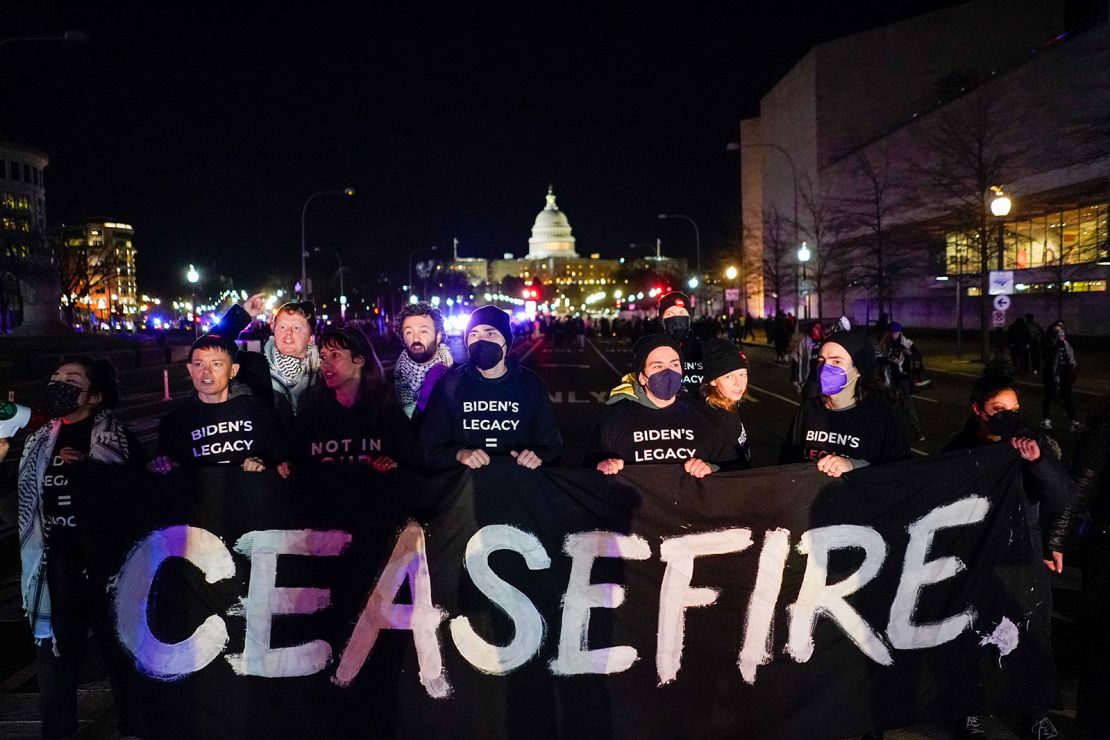 Demonstrators with Jewish Voice for Peace attempt to block President Joe Biden's motorcade route during a Pro-Palestinian protest near the US Capitol on March 7 in Washington, DC.