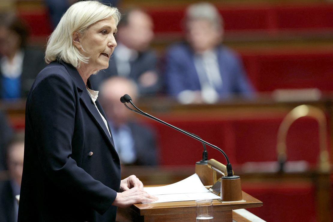 President of the 'Rassemblement National' (RN) parliamentary group Marine Le Pen delivers a speech during a debate on Ukraine at the National Assembly in Paris on March 12, 2024.