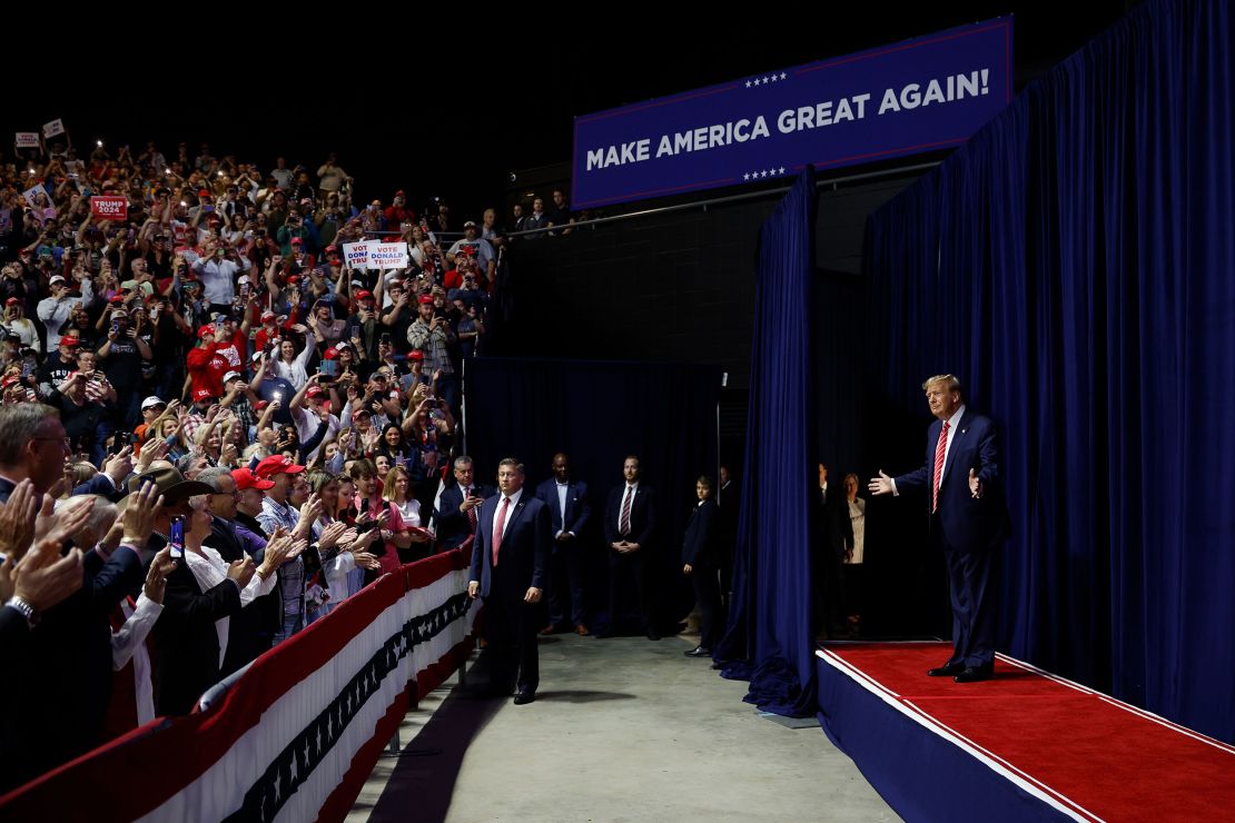 Republican presidential candidate and former U.S. President Donald Trump takes the stage during a campaign rally at the Forum River Center on March 9 in Rome, Georgia.