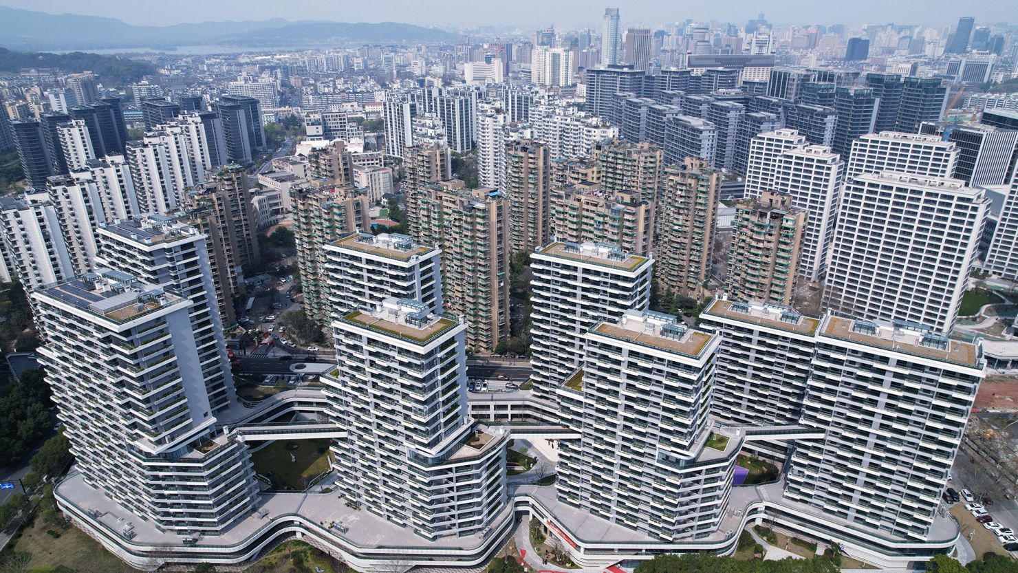 An aerial view showing buildings in a development in Hangzhou, Zhejiang province, on March 13, 2024