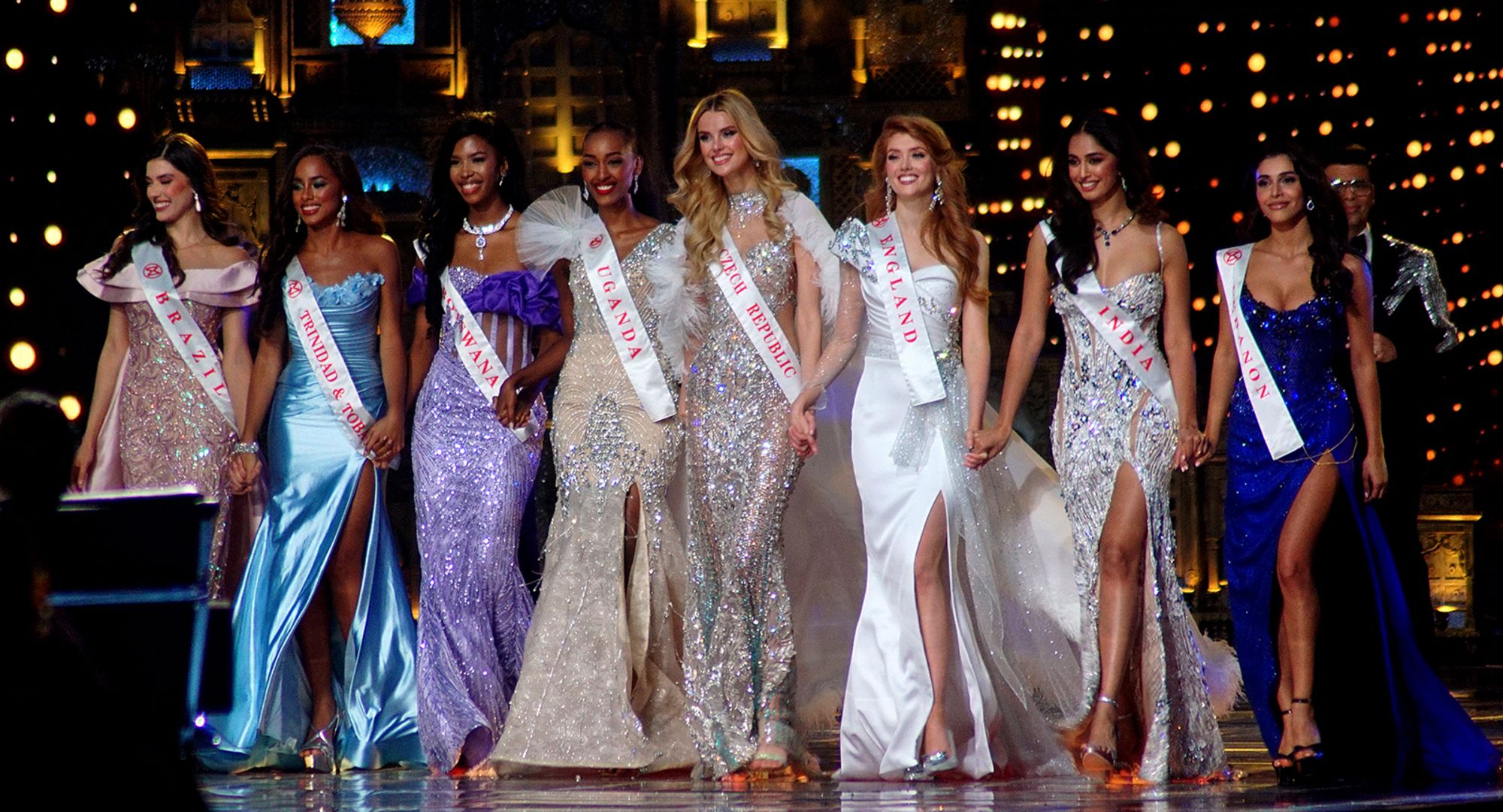 Krystyna Pyszková (C) and 7 contestants at the Miss World Grand Finale on March 9, 2024 Mumbai, India.