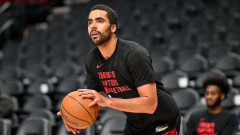 Jontay Porter warms up before a Toronto Raptors game against the Portland Trail Blazers on March 9, 2024.