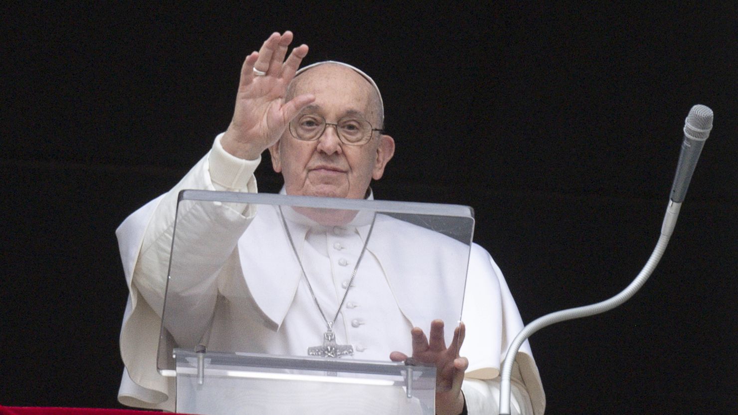 Pope Francis delivers his Sunday Angelus blessing overlooking St. Peter's Square on Sunday.