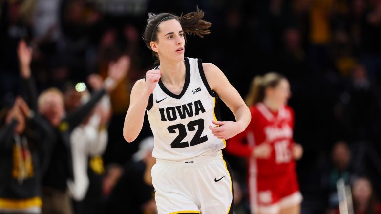 MINNEAPOLIS, MINNESOTA - MARCH 10: Caitlin Clark #22 of the Iowa Hawkeyes reacts after a three point basket in the first half against the Nebraska Cornhuskers during the Big Ten Women's Basketball Tournament Championship at Target Center on March 10, 2024 in Minneapolis, Minnesota. (Photo by Adam Bettcher/Getty Images)