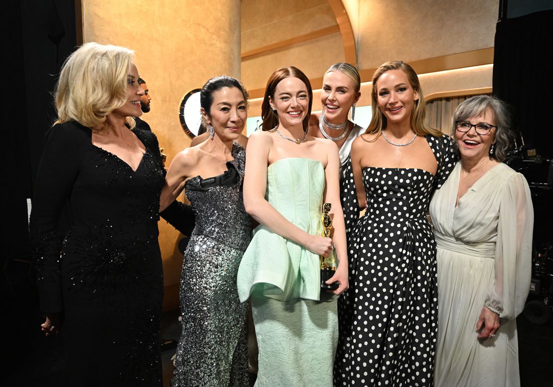 From left, Jessica Lange, Michelle Yeoh, Emma Stone, Charlize, Theron, Jennifer Lawrence, Sally Field gather backstage at the Academy Awards on March 10, 2024 in Hollywood, California.