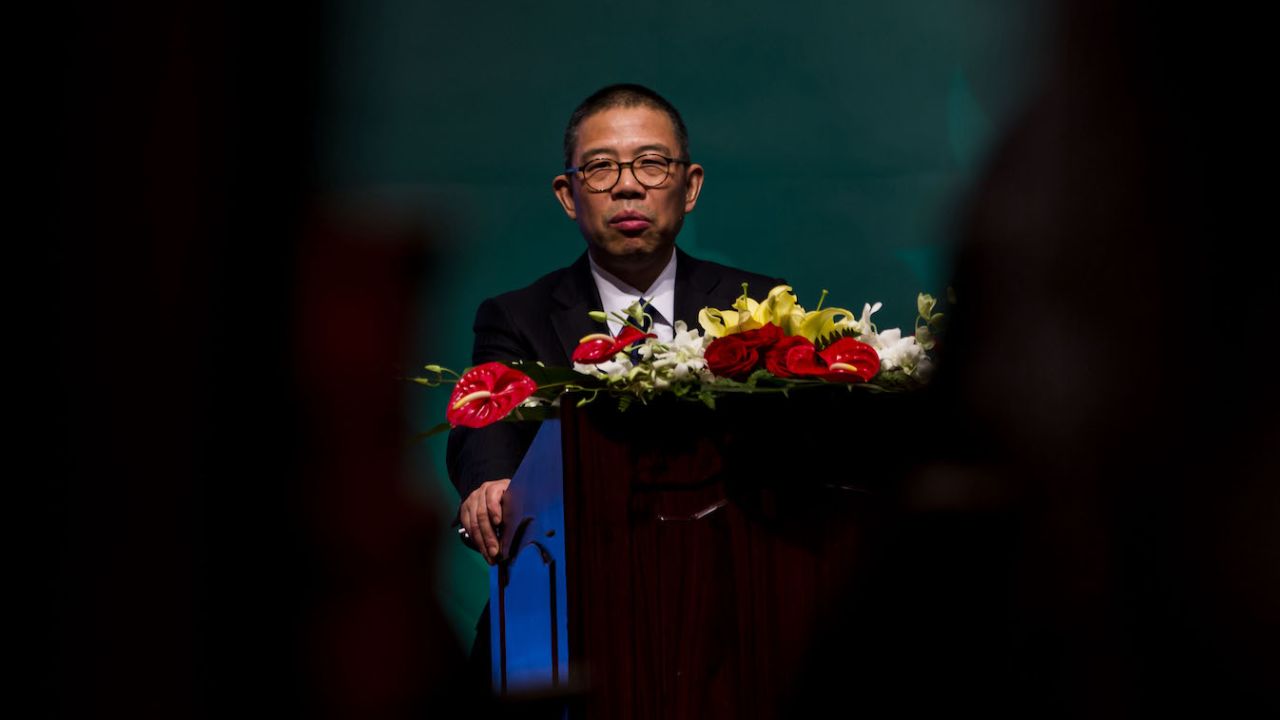 Zhong Shanshan, founder and chairman of bottled water company Nongfu Spring, speaks in Beijing in 2013.