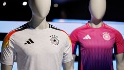 The official jerseys of Germany's national soccer team for this year's European Football Championship on display Adidas' headquarters in Bavaria, Germany in March 2024.