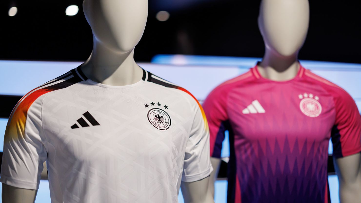The official jerseys of the German men's national soccer team for this year's European Football Championship on display at the Adidas headquarters in Bavaria, Germany, in March 2024.
