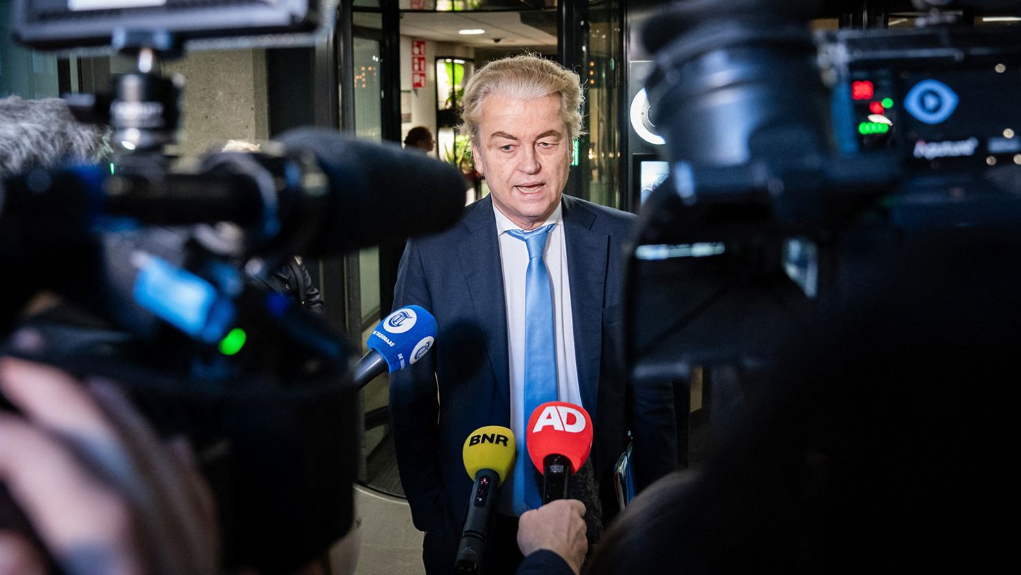 Dutch far-right leader Geert Wilders speaks to reporters after announcing he will not become prime minister, March 14, 2024.