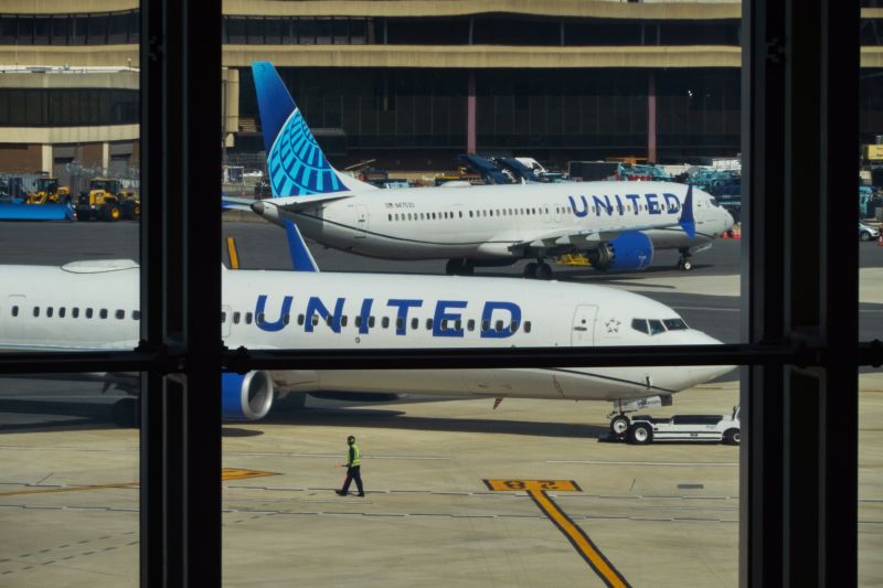 Boeing 737 Max 9 planes operated by United Airlines at Newark Liberty International Airport (EWR) in Newark, New Jersey, US, on Wednesday, March 13, 2024. The TSA expects travel volumes during the peak spring break travel season at nearly 6% above 2023. Photographer: Bing Guan/Bloomberg via Getty Images