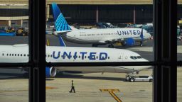 Boeing 737 Max 9 planes operated by United Airlines at Newark Liberty International Airport (EWR) in Newark, New Jersey, US, on Wednesday, March 13, 2024. The TSA expects travel volumes during the peak spring break travel season at nearly 6% above 2023. Photographer: Bing Guan/Bloomberg via Getty Images